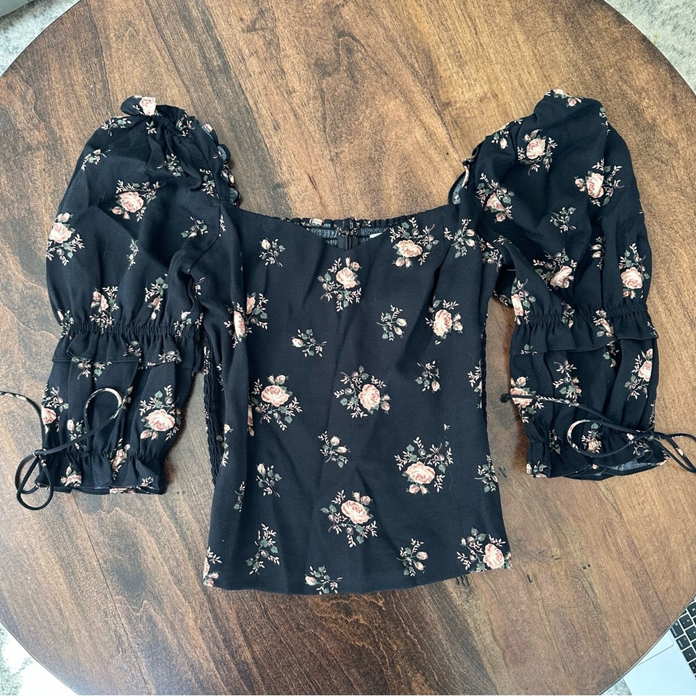 NWOT Reformation Nina Top 2 Visalia Black Pink Floral Square Neck Blouse Smocked
